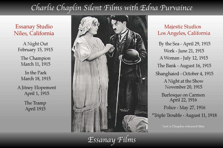 edna purviance films like the tramp - the bank work - jitney elopement - burlesques on carmen are a few of the essanay silent films with charlie chaplin.