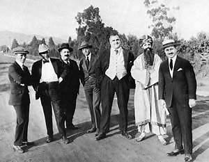 Charlie Chaplin, Sydney Chaplin and crew at studio site 1917